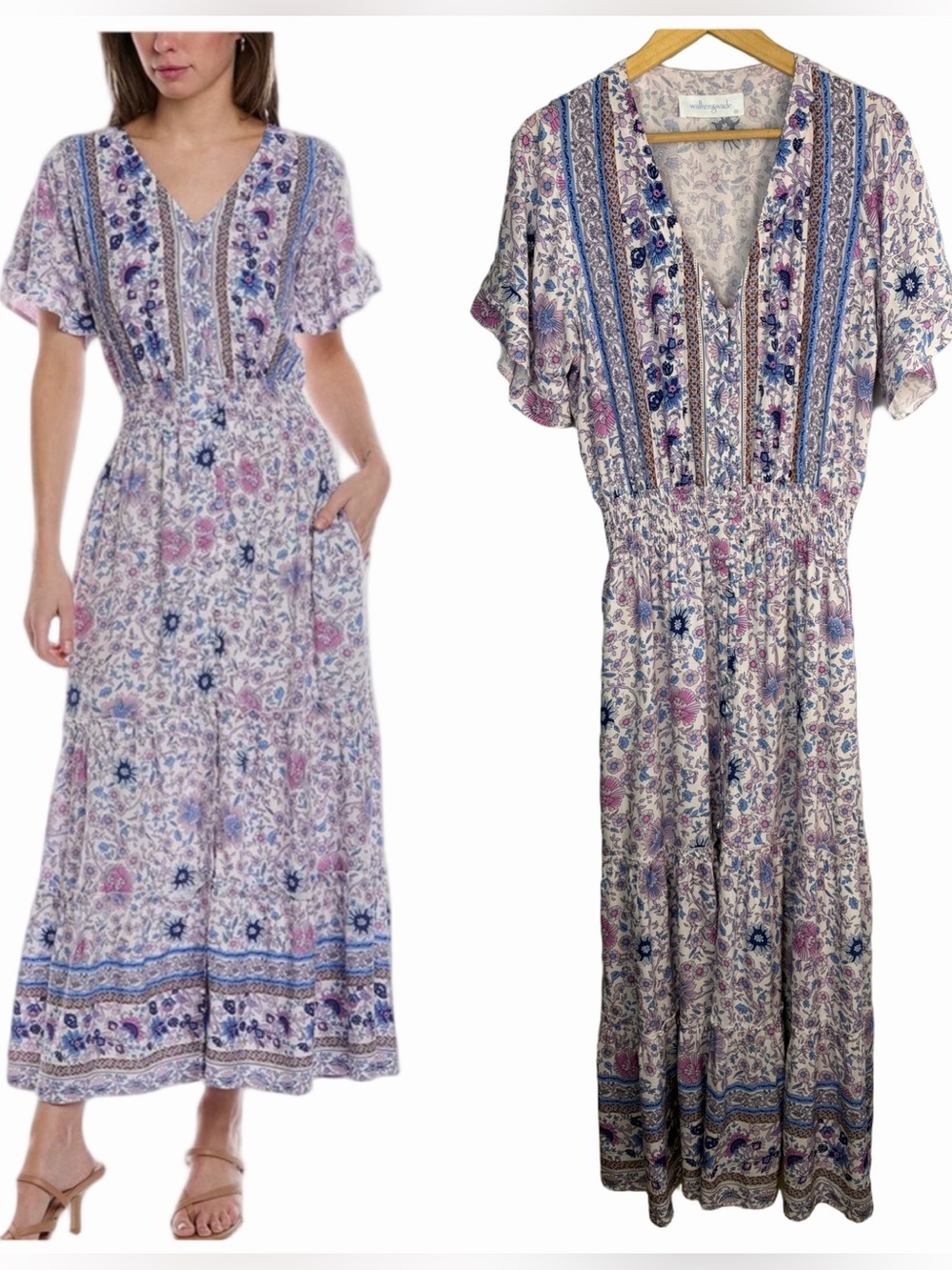 Walker & Wade Christina Maxi Dress Smocked Waist Medium Rayon Ruffle Sleeve Bali